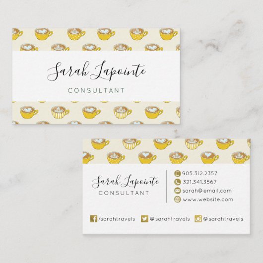 Schattigee latte kunst in gele koffiemokken patroo visitekaartje (Voorkant / Achterkant)