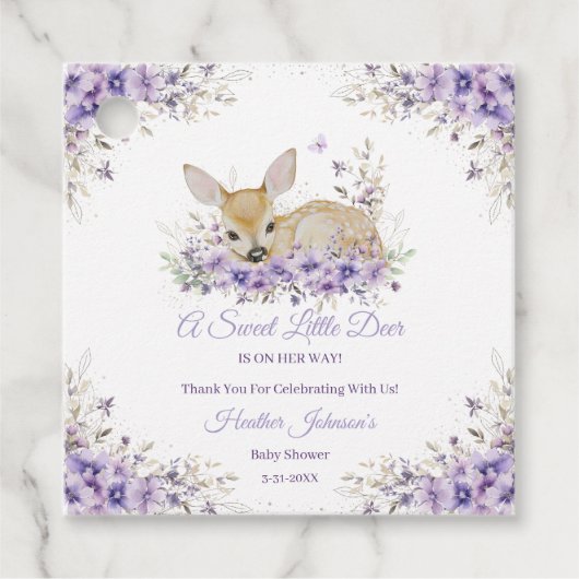 Schattigee Lavendel Paarse Floral Deer Baby shower Bedankjes Labels (Voorkant)