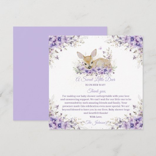 Schattigee Lavendel Paarse Floral Deer Baby shower Bedankkaart (Voorkant / Achterkant)