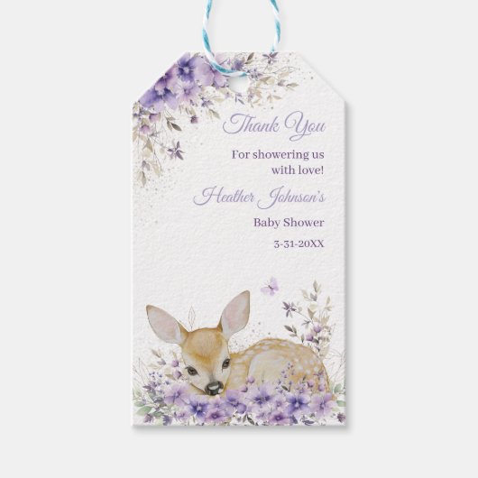 Schattigee Lavendel Paarse Floral Deer Baby shower Cadeaulabel (Voorkant)