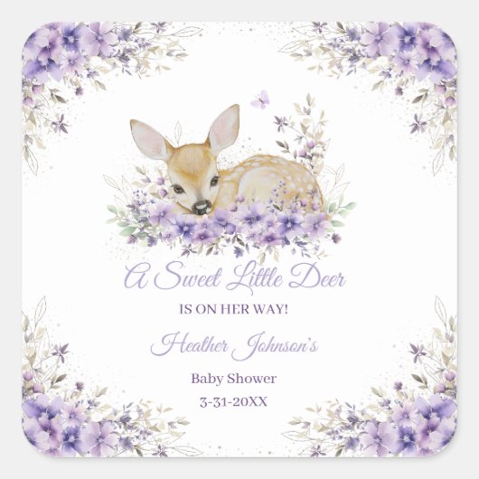Schattigee Lavendel Paarse Floral Deer Baby shower Vierkante Sticker (Voorkant)