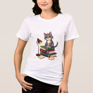 Schattigee leeskat: kitten op een stapel boeken Tri-Blend shirt