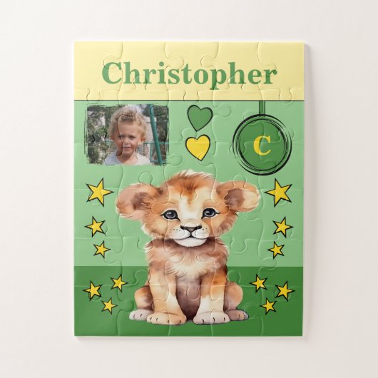Schattigee leeuw fotonaam groen geel kinder legpuzzel (Verticaal)