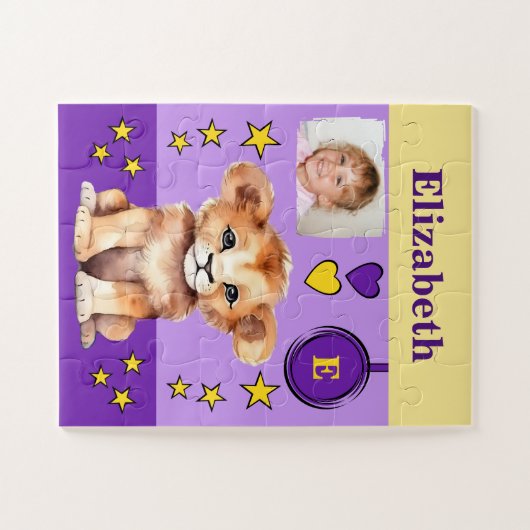 Schattigee leeuw fotonaam paarse geel kinder legpuzzel (Horizontaal)