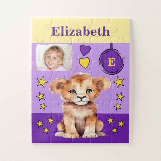 Schattigee leeuw fotonaam paarse geel kinder legpuzzel (Verticaal)