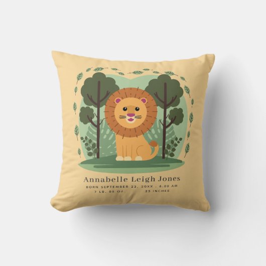 Schattigee Leeuw Geboorte Stats Baby Naam Kwekerij Kussen (Voorkant)