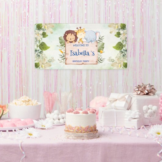 Schattigee Leeuw Giraffe Tropische bloem Verjaarda Spandoek (Feest)