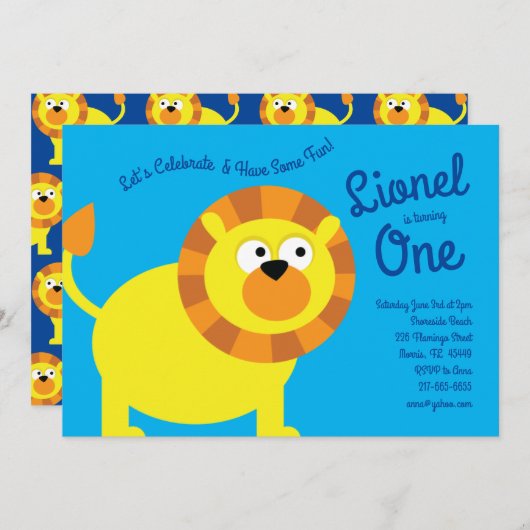 Schattigee Leeuw Kinder 1e Verjaardagsfeestuitnodi Kaart (Voorkant / Achterkant)