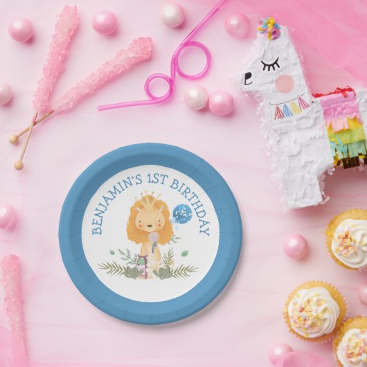 Schattigee Leeuw laat Blue Boys 1e verjaardagsfees Papieren Bordje (Feest)