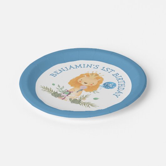 Schattigee Leeuw laat Blue Boys 1e verjaardagsfees Papieren Bordje (Gekanteld)