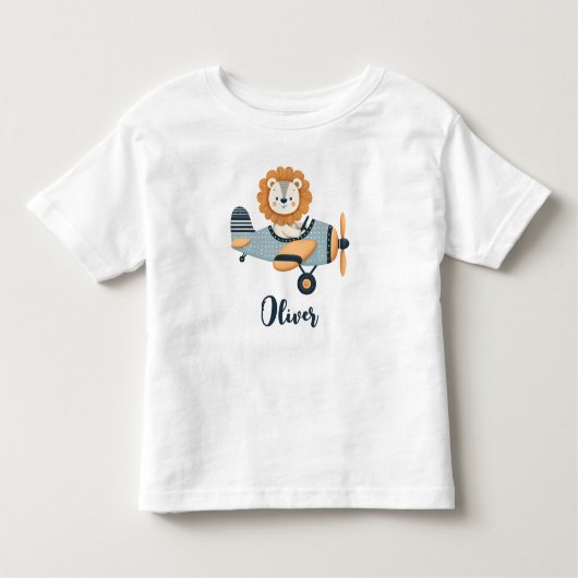 Schattigee leeuw op charmant vliegtuig gepersonali kinder shirts (Voorkant)