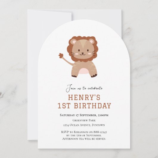 Schattigee Leeuwenboog 1e verjaardag uitnodiging (Voorkant)
