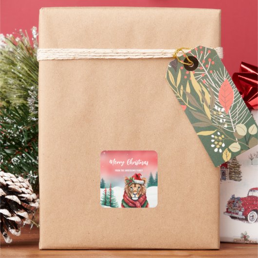 Schattigee leeuwensafari wilde kerstfeest kinder vierkante sticker (Feestdagen)