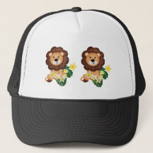 Schattigee leeuwenwelp met tropische bloemen