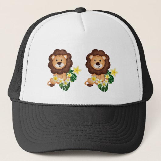 Schattigee leeuwenwelp met tropische bloemen trucker pet (Voorkant)