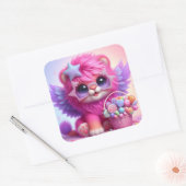 Schattigee leeuwin met vleugels & snoepjes mand vierkante sticker (Envelop)