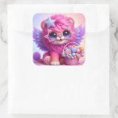 Schattigee leeuwin met vleugels & snoepjes mand vierkante sticker (Tas)