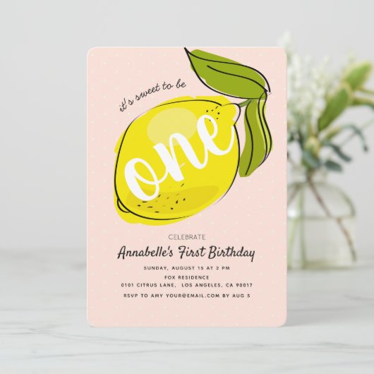 Schattigee Lemon 1e Verjaardag Baby Roze Party Uit Kaart (Staand voorkant)
