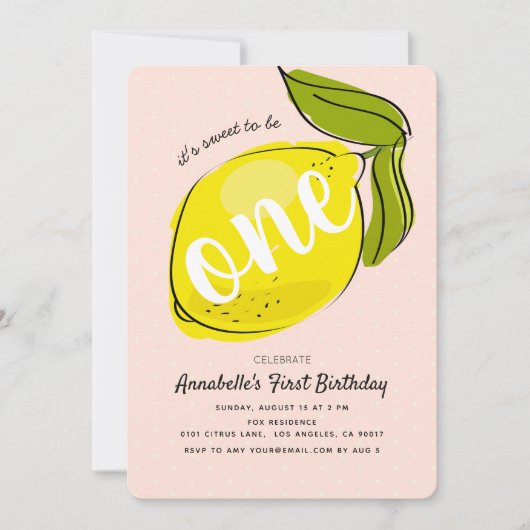 Schattigee Lemon 1e Verjaardag Baby Roze Party Uit Kaart (Voorkant)