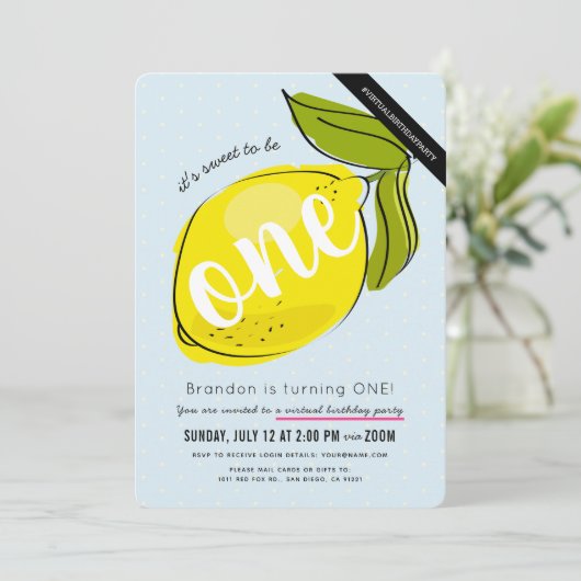 Schattigee Lemon Boy Blue Virtual 1e verjaardag Kaart (Staand voorkant)