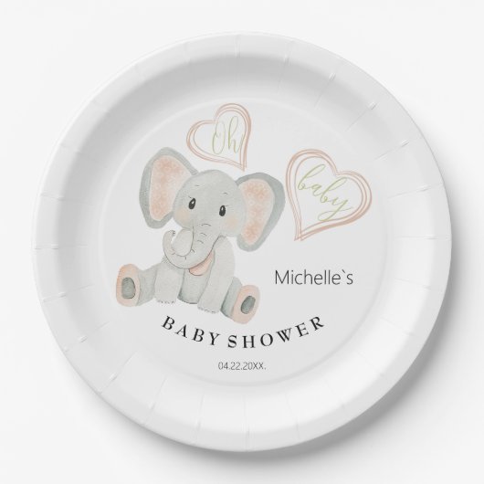 Schattigee Lente Olifant Waterverf Illustratie Papieren Bordje (Voorkant)