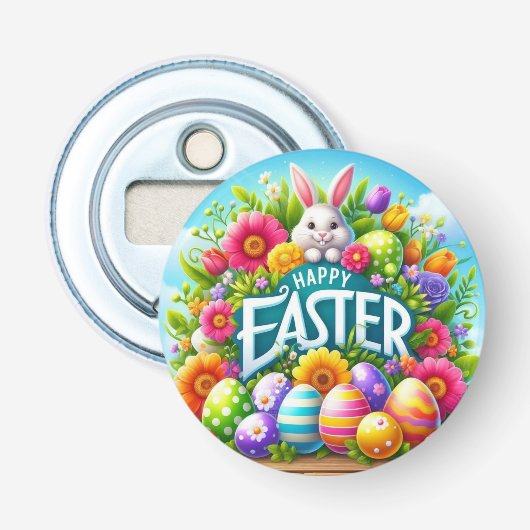 Schattigee lente/paashaas met ei button flesopener (Voorkant)
