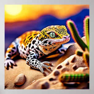 Schattigee Leopard Gecko Sunset Desert Design Poster