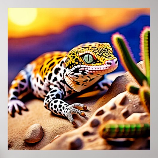 Schattigee Leopard Gecko Sunset Desert Design Poster (Voorkant)