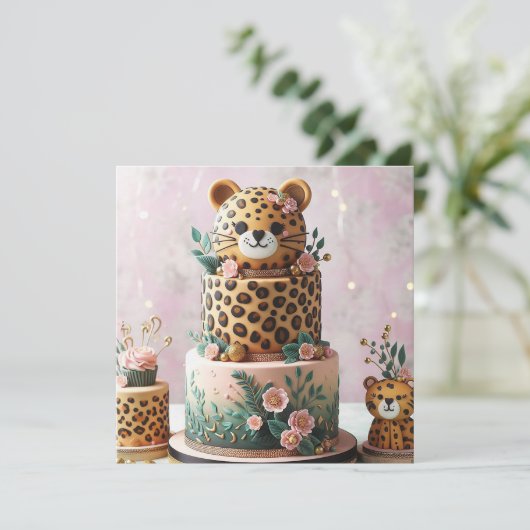 SCHATTIGEE LEOPARD KIDS VERJAARDAGSTAART KAART (Staand voorkant)
