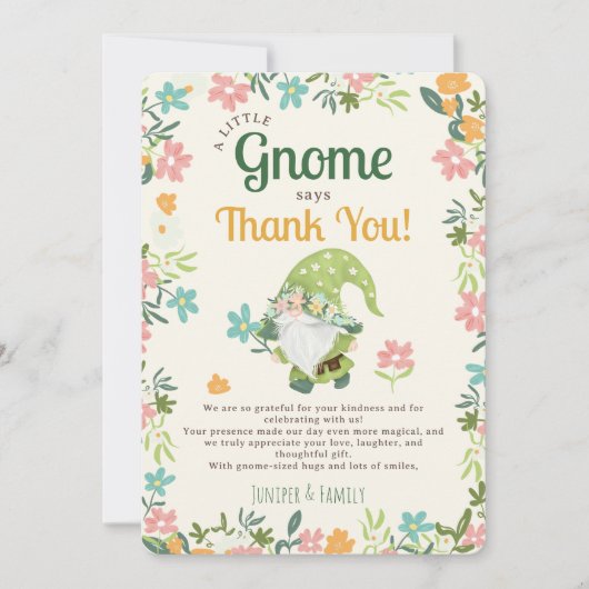 Schattigee leuke grillige bloemengnoom eerste verj bedankkaart (Voorkant)