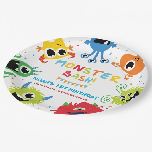 Schattigee levendige kleine monsters 1e verjaardag papieren bordje (Gekanteld)