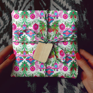 Schattigee levendige roze turquoise kerstversierin cadeaupapier