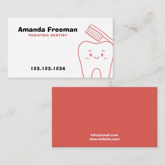 Schattigee Lichte Rode Tand & Borstel Outline Kind Afsprakenkaartje (Voorkant / Achterkant)