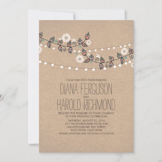 Schattigee lichte snaren bloemenrustieke bruiloft kaart (Voorkant)