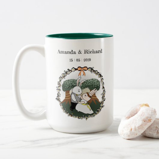 Schattigee Liefde Bunnies | Aangepaste bruiloft Ju Tweekleurige Koffiemok (Met donut)