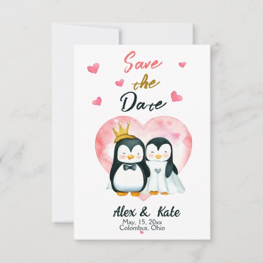 Schattigee Liefde Pinguïn Bruiloft Save the Date (Voorkant)