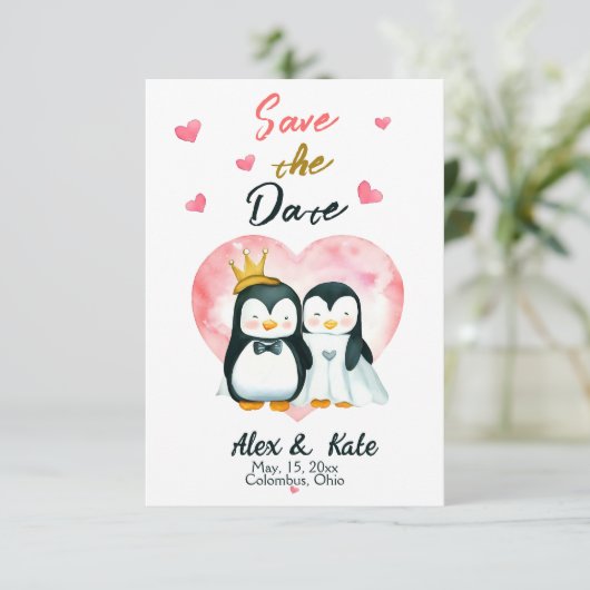 Schattigee Liefde Pinguïn Bruiloft Save the Date (Staand voorkant)