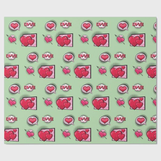 Schattigee liefde stripstijl groene hart geschenke cadeaupapier (Vlak)