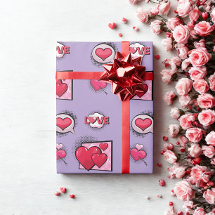 Schattigee liefde stripstijl paarse hart geschenke cadeaupapier