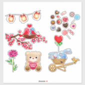 Schattigee liefde thema dier, hart, snoep, roze ro sticker (Vel)