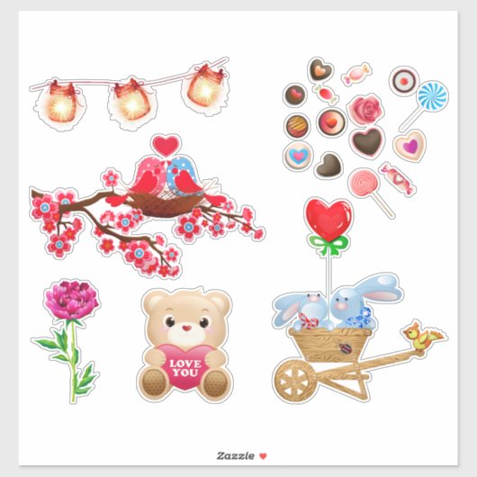 Schattigee liefde thema dier, hart, snoep, roze ro sticker (Vel)