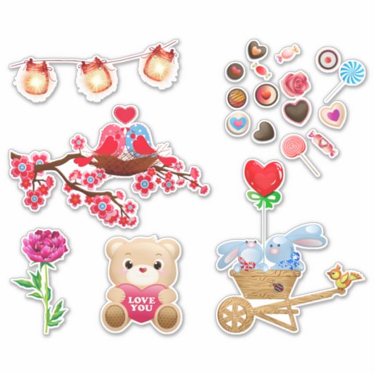 Schattigee liefde thema dier, hart, snoep, roze ro sticker (Voorkant)