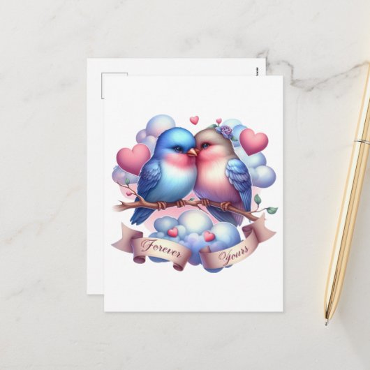 Schattigee liefdesvogels voor altijd jouw Valentij Feestdagenkaart (Voorkant / Achterkant in situ)