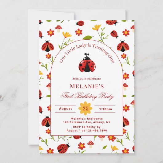 Schattigee lieveheersbeestje 1e verjaardag uitnodi kaart (Voorkant)