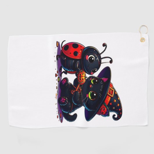 Schattigee lieveheersbeestje en zwarte kat Hallowe Golfhanddoek (Horizontaal)