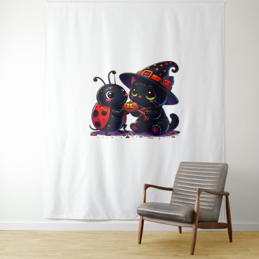 Schattigee lieveheersbeestje en zwarte kat Hallowe Wandkleed (In situ)
