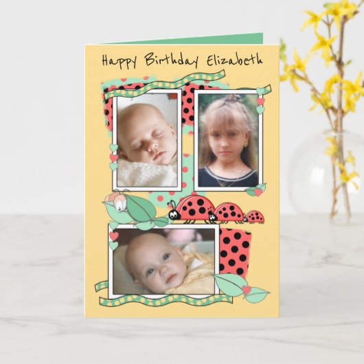 Schattigee lieveheersbeestjes met naam en foto's b kaart (Gele Bloem)
