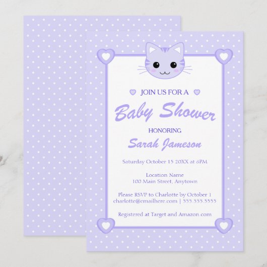 Schattigee Lila Paarse Cartoon Cat Kitten Baby sho Kaart (Voorkant / Achterkant)