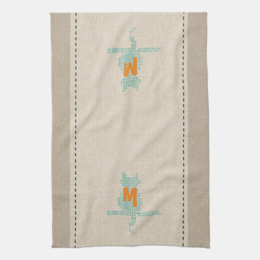Schattigee Linnen Look Mint Monogrammed Kattenhand Theedoek (Verticaal)