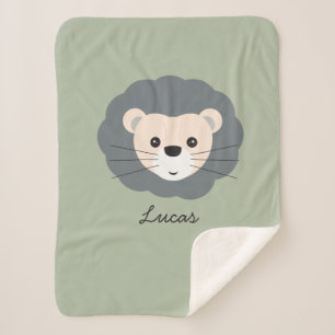 Schattigee Lion Illustration Sage Green Custom Bab Sherpa Deken